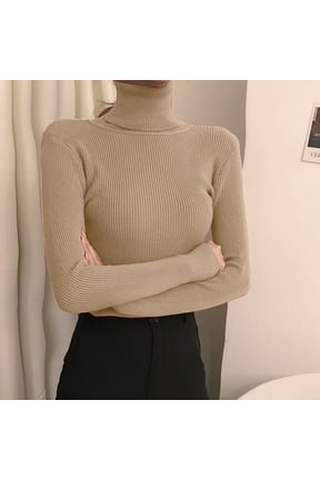 Women's Turtleneck Sweater Long Sleeve Ribbed Fitted High Neck Basic Layering Pullover Tops (Khaki One Size)