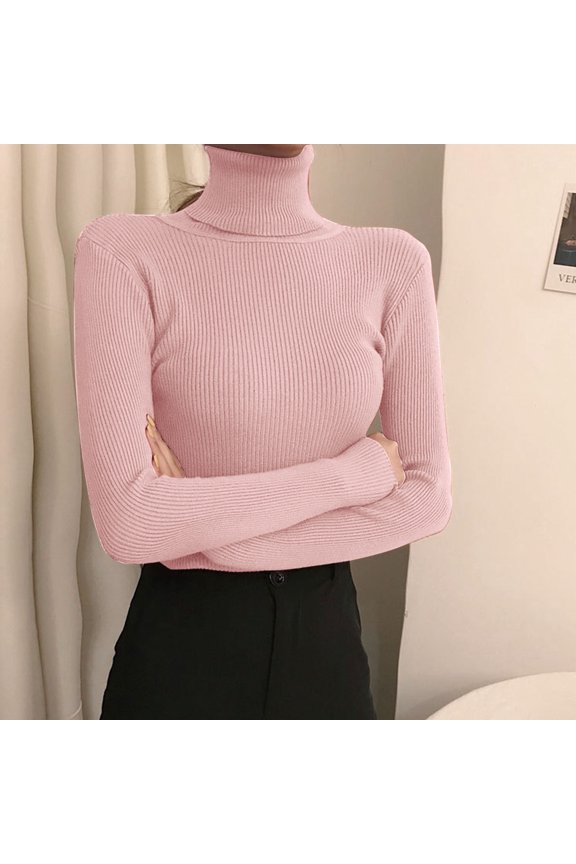 Women's Turtleneck Sweater Long Sleeve Ribbed Fitted High Neck Basic Layering Pullover Tops (Pink One Size)