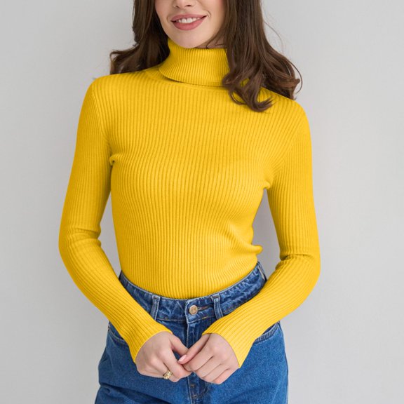 Women's Turtleneck Sweater Long Sleeve Ribbed Knit Slim Fitted, Fall Basic Casual Warm Pullover Top Yellow ONE SIZE