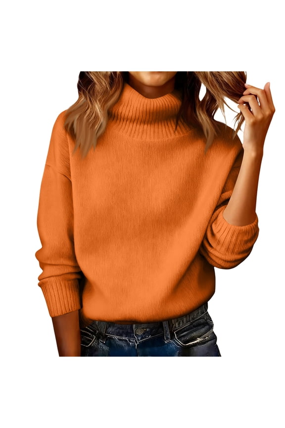 Women's Turtleneck Sweater Long Sleeve Spilt Hem Casual Knit Pullover Chunky Fall Winter Jumper Top 2025 Orange L