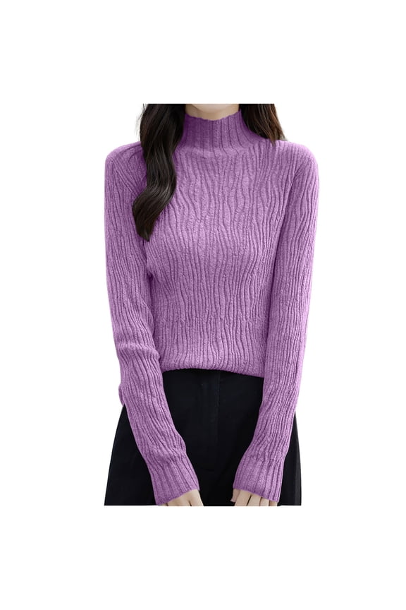 Women's Turtleneck Sweater Long Sleeve Top Knit Wave Pattern Slim Knitwear Mock Neck Pullover
