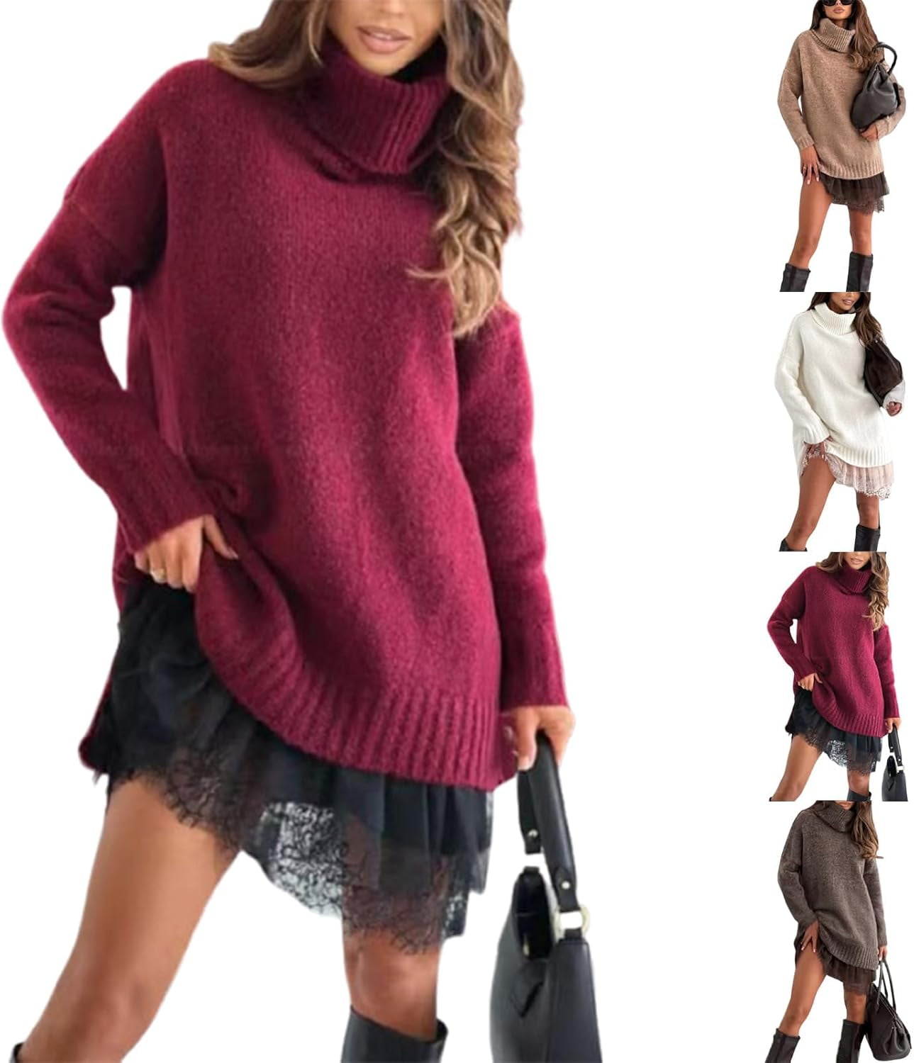 open lace back dress Minibee Women's Oversized Sweatshirt Dress Turtleneck Long Sleeve Tuni   minibee