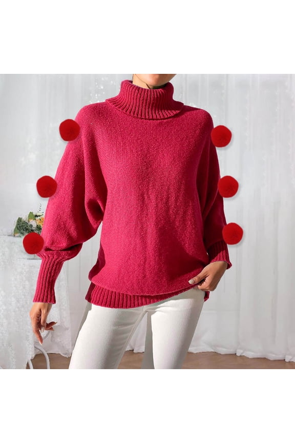 Women's Turtleneck Sweater Pullover Tops Long Sleeve Solid Color Loose Fit Knitwear Casual Daily Wear Work Office Travel Fashion Essential Gift for Women | HAODEJW,Red L