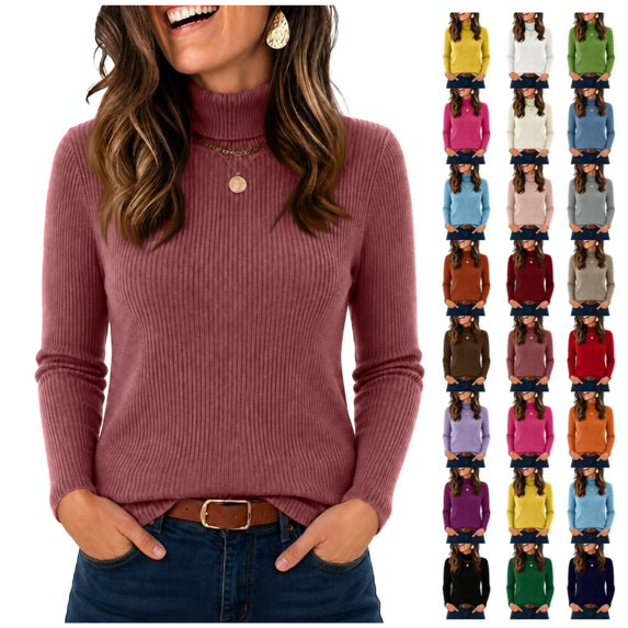 Women's Turtleneck Sweater Ribbed Knit Long Sleeve Pullover Top Soft Stretch Feel, Casual Daily Wear & Office Work Outfits