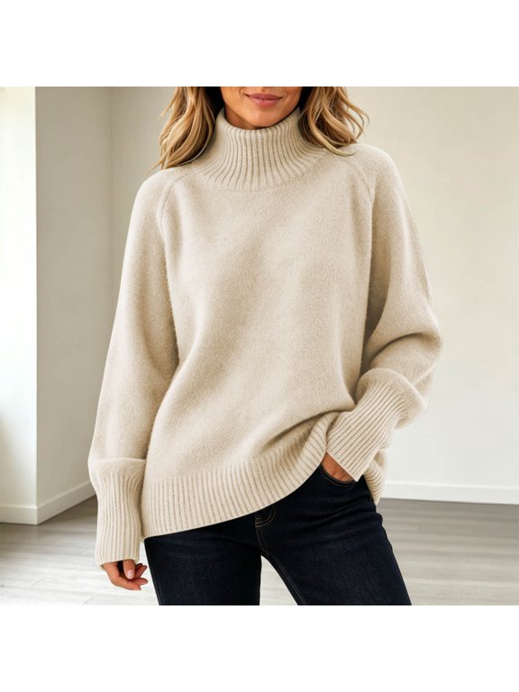 Women's Turtleneck Sweater Trendy Long Sleeve Warm Sweater 2026 Fall Winter Fashion Clothes Basic Knit Pullover Tops Beige S