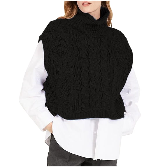 Women's Turtleneck Sweater Vests Oversized Sleeveless Cable Knitted Pullover Warm Loose Fit Cropped Tops Outfits