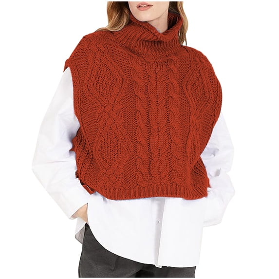 Women's Turtleneck Sweater Vests Oversized Sleeveless Cable Knitted Pullover Warm Loose Fit Cropped Tops Outfits