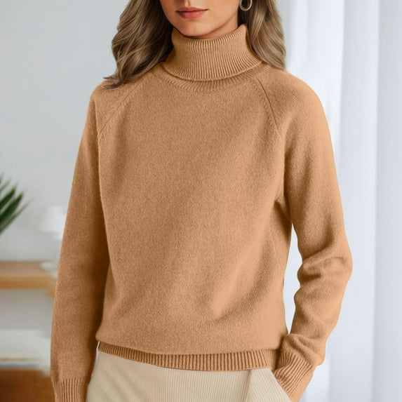 Women's Turtleneck Sweaters 2025 Fall Chunky Knit Pullover Long Sleeve Tops Trendy Winter Clothes Camel XL