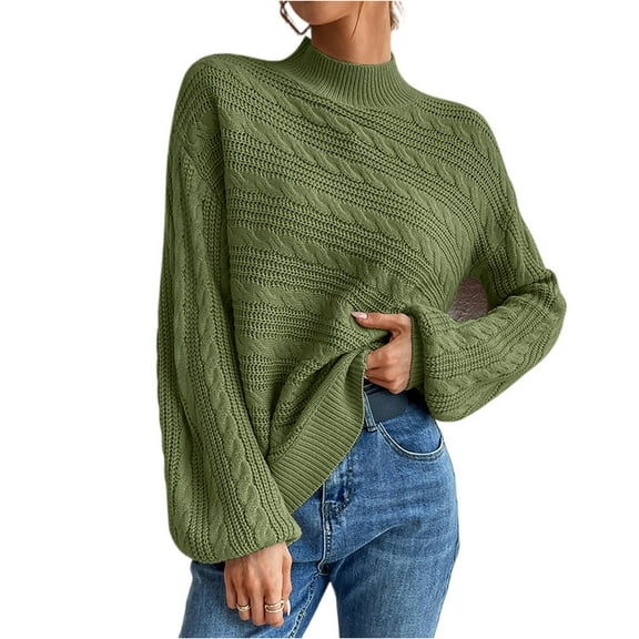 Women's Turtleneck Sweaters Fall Winter Casual Long Sleeve Solid Cable Knit Balloon Sleeve Loose Pullover Sweater Top