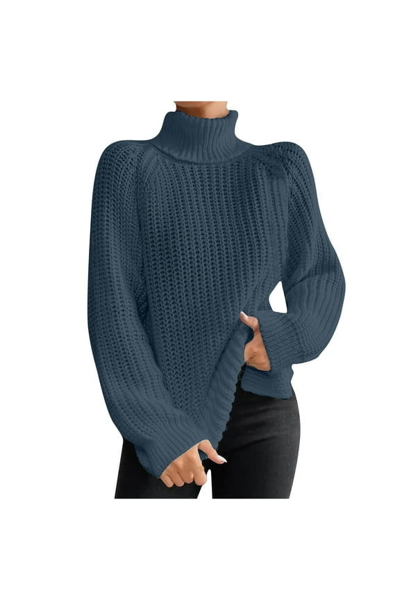 Women's Turtleneck Sweaters Knit Long Sleeve Chunky Sweater Fall Winter Fashion Flare Cable Weaving Pullover Blue xxl