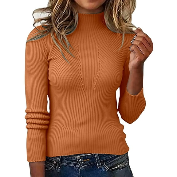Women's Turtleneck Sweaters Long Sleeve 2025 Fall Ribbed Knitted Basic Shirts Fashion Casual Slim Fit Pullover Tunic Tops Orange XL