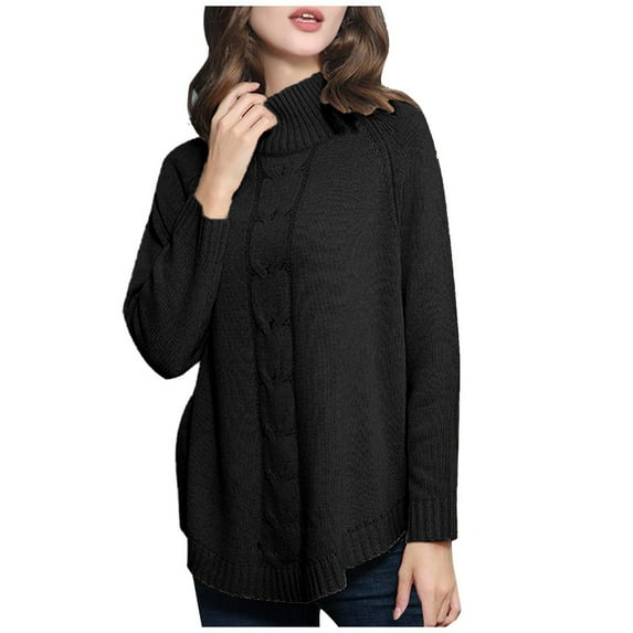Women's Turtleneck Sweaters Long Sleeve Solid Cable Knit Sweater Casual Soft Loose Fit Pullover Jumper Tops Ladies Clothes