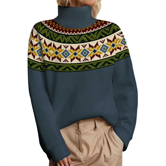 Women's Turtleneck Sweaters Vintage Boho Printed Long Sleeve Knitted Pullover Shirts Fall Winter Casual Warm Comfy Blouses