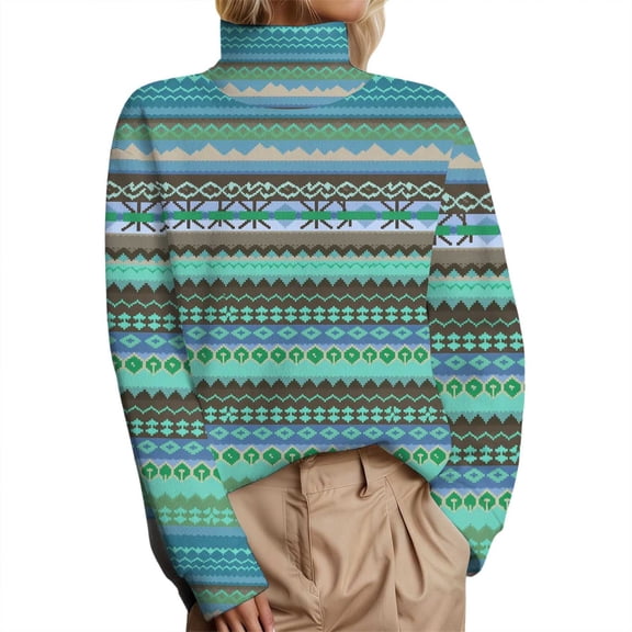 Women's Turtleneck Sweaters Vintage Boho Printed Long Sleeve Knitted Pullover Shirts Fall Winter Casual Warm Comfy Blouses
