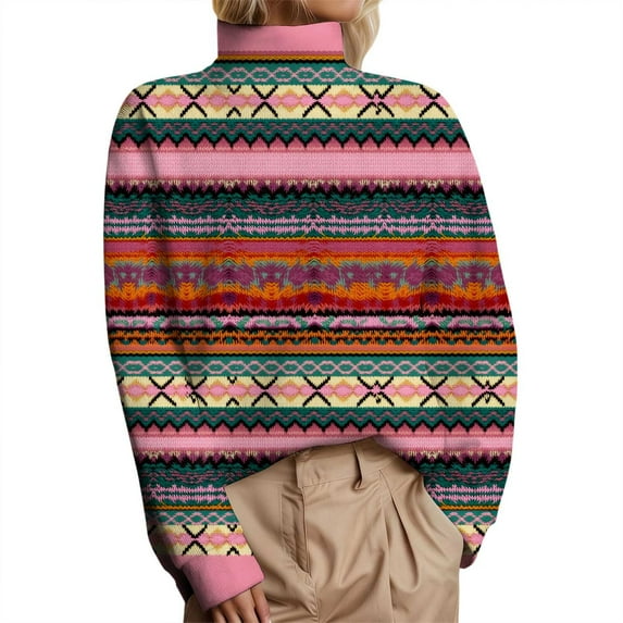 Women's Turtleneck Sweaters Vintage Boho Printed Long Sleeve Knitted Pullover Shirts Fall Winter Casual Warm Comfy Blouses