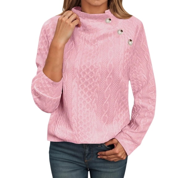 Women's Turtleneck Sweatshirts Fall Winter Button Up Long Sleeve Cable Knit Tops Trendy Casual Relaxed Fit Comfy Warm Blouses
