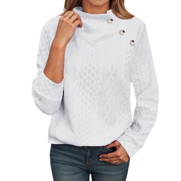 Women's Turtleneck Sweatshirts Fall Winter Button Up Long Sleeve Cable Knit Tops Trendy Casual Relaxed Fit Comfy Warm Blouses