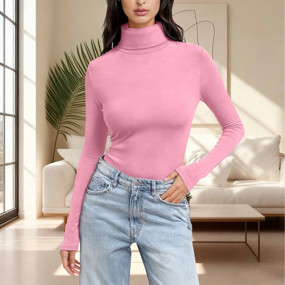 Women's Turtleneck Tee Shirts Long Sleeve Tops Thermal Base Layer Stretchy Pullover Top for Fall and Winter Pink 2XL