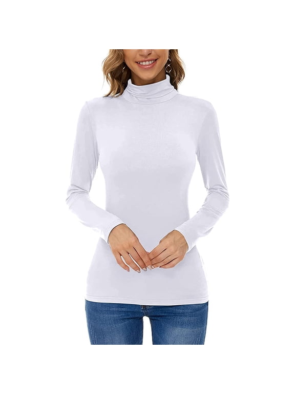 Women's Turtleneck Top, Solid Color Slim Fit Long Sleeve Base Shirt for Layering, High-Neck Casual Bottoming Tops for Autumn and Winter Fashion White XXL
