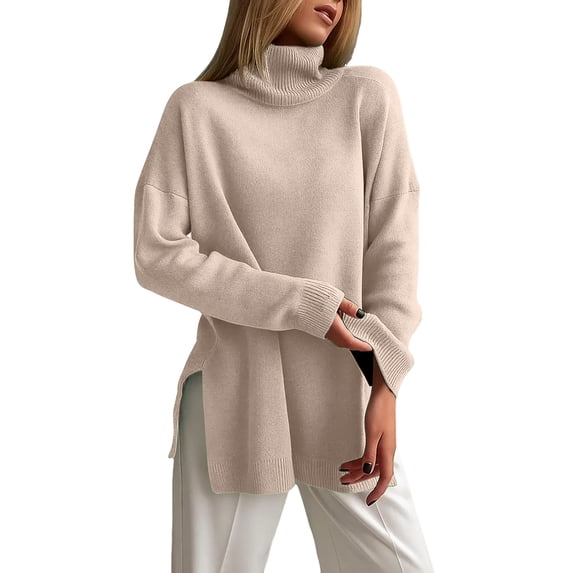 Women's Turtleneck Tunic Sweater, Womens Fall Sweaters, Long Sleeve Side Slit Casual Pullover Top