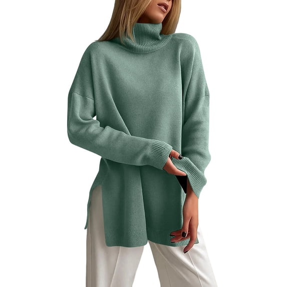 Women's Turtleneck Tunic Sweater, Womens Fall Sweaters, Long Sleeve Side Slit Casual Pullover Top