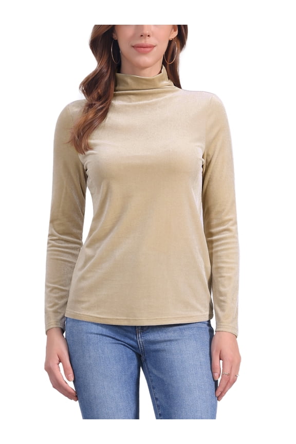 Women's Top Long Sleeve Mock Neck Turtleneck Stretchy Velvet Blouse L Apricot