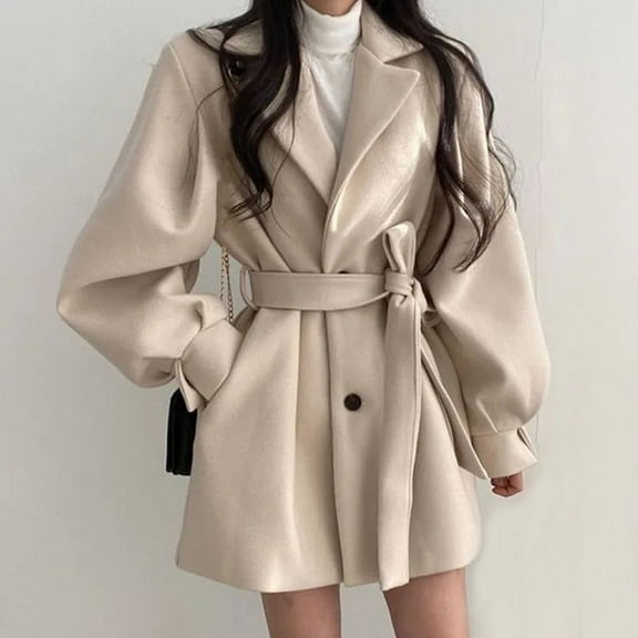 Women's Tweed Belted Blazer Jacket Button Down Casual Solid Color Long Sleeve Lapel Coat Outerwear with Pockets (M, Beige)