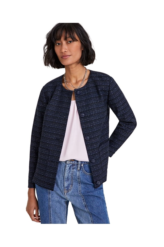 Women's Tweed Collarless Jacket Blue Tweed Combo XL