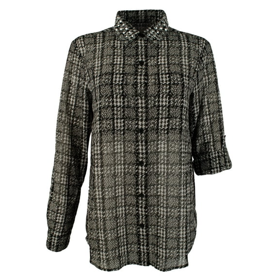 Women's Tweed Haberdashery Print Georgette Roll-Sleeve Shirt-B-L