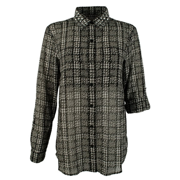 Women's Tweed Haberdashery Print Georgette Roll-Sleeve Shirt-B-XL