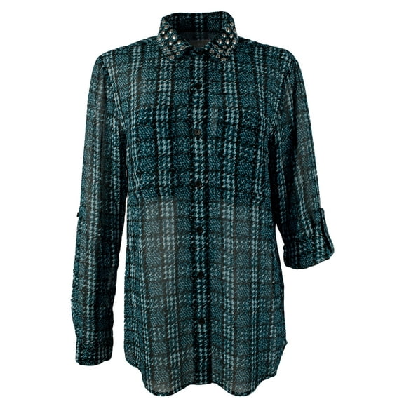 Women's Tweed Haberdashery Print Georgette Roll-Sleeve Shirt-DT-S