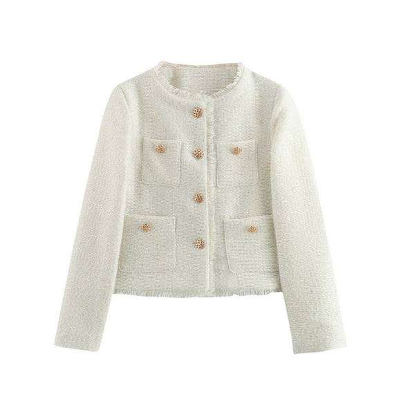 Women's Tweed Jackets Long Sleeve Button Down Business Casual Cropped Blazer Elegant Furry Hem Coat with Pockets 2024