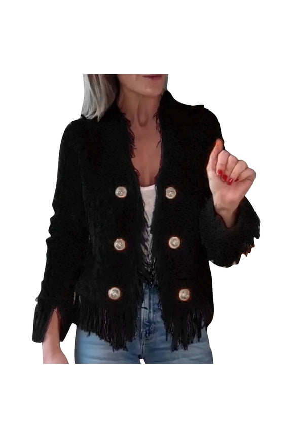 Women's Tweed Jackets Long Sleeve Open Front Blazer Fashion Winter Coats with Fringe Black 3XL