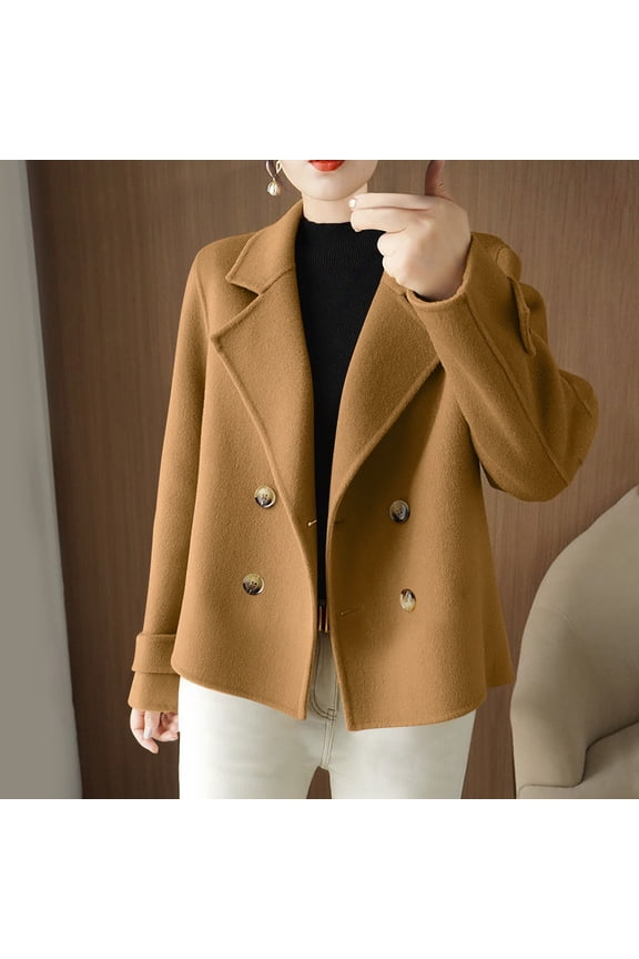 Women's Tweed Jackets Open Front Double Breasted Short Peacoat Trendy Cropped Overcoat for Cold Weather Brown M