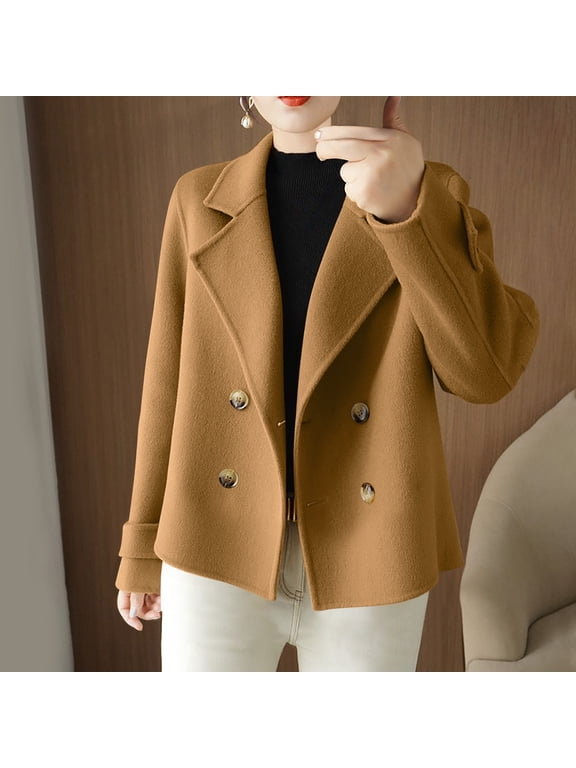 Women's Tweed Jackets Open Front Double Breasted Short Peacoat Trendy Cropped Overcoat for Cold Weather Brown M