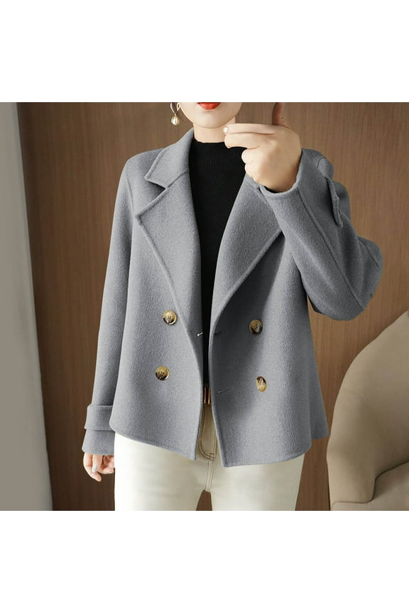 Women's Tweed Jackets Open Front Double Breasted Short Peacoat Trendy Cropped Overcoat for Cold Weather Gray M