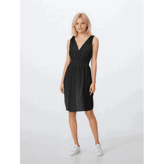 Women's Twig Pleated Knee Length Dress with Shoulder Tie, Black, Medium