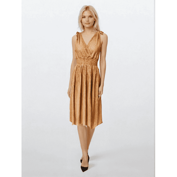 Women's Twig Pleated Knee Length Dress with Shoulder Tie, Golden Brown, Medium