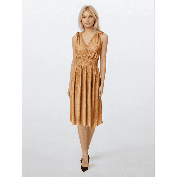 Women's Twig Pleated Knee Length Dress with Shoulder Tie, Golden Brown, X-Large