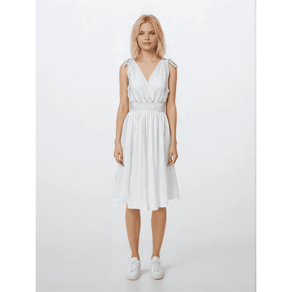 Women's Twig Pleated Knee Length Dress with Shoulder Tie, White, Small