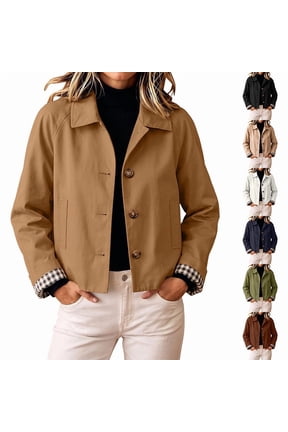 Women's Twill Button Down Cropped Jackets Fall Lapel Collar Rolled Long Sleeve Trendy Casual Crop Coats XS-XL