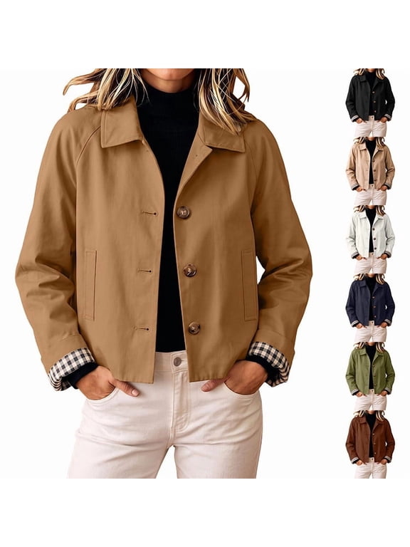 Women's Twill Button Down Cropped Jackets Fall Lapel Collar Rolled Long Sleeve Trendy Casual Crop Coats XS-XL