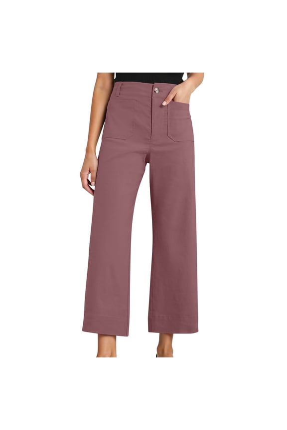 Women's Twill Chino Pants High Waisted Wide Leg Commuter Pants Casual Business Work Office Cropped Pant Trousers with Pockets