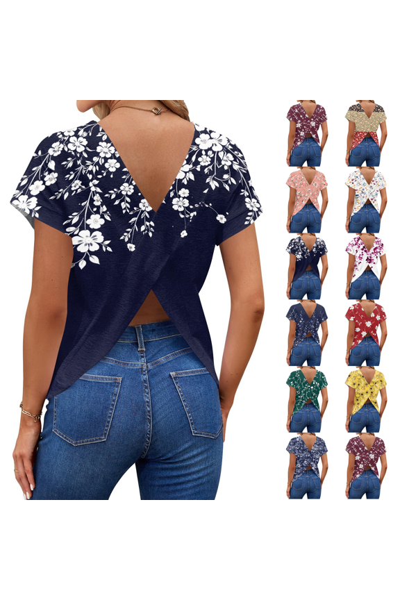 Women's Twist Backless Short Sleeve T Shirts Tops Round Neck Curved Hem Casual Workout Tee T-Shirts Dark Blue S