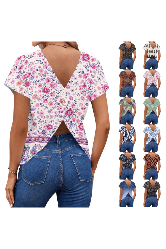 Women's Twist Backless Short Sleeve T Shirts Tops Round Neck Curved Hem Casual Workout Tee T-Shirts Pink L