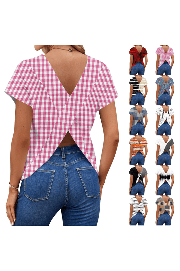 Women's Twist Backless Short Sleeve T Shirts Tops Round Neck Curved Hem Casual Workout Tee T-Shirts Pink L