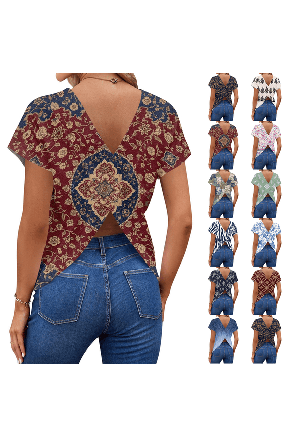 Women's Twist Backless Short Sleeve T Shirts Tops Round Neck Curved Hem Casual Workout Tee T-Shirts Wine S