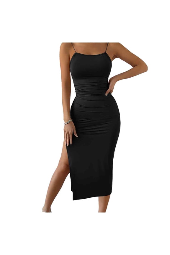 Women's Twist Backless Sleeveless Split Thigh Fitted Bodycon Cami Midi Dress-Black