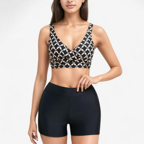 Women's Twist Front Bikini Top and High Waist Swim Shorts Set with Supportive Wide Straps and Soft Stretch Fit - Large, Many Colors