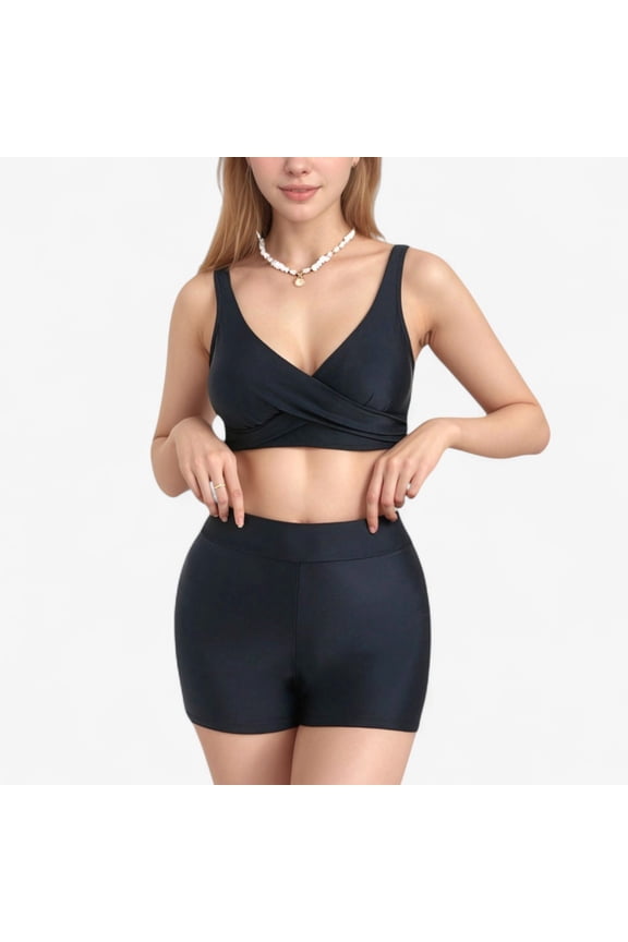 Women's Twist Front Bikini Top and High Waist Swim Shorts Set with Supportive Wide Straps and Soft Stretch Fit - Medium, Black